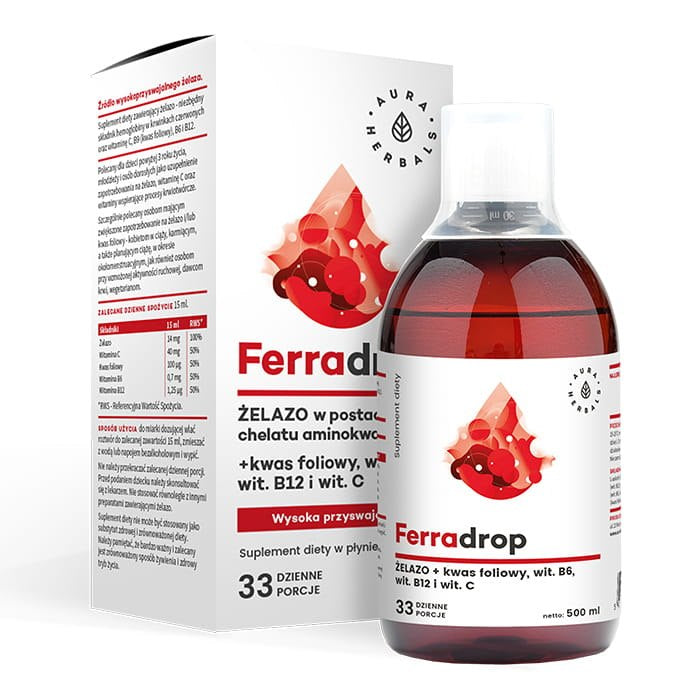 AURA HERBALS Ferradrop, Liquid Iron + Folic Acid (500 ml / 16.9 fl. oz.)