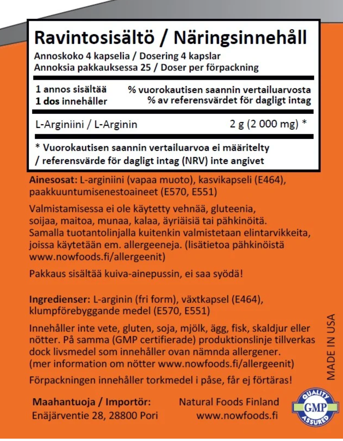 L-ARGINIINI / VAPAA MUOTO / 500 mg / 100 kaps.