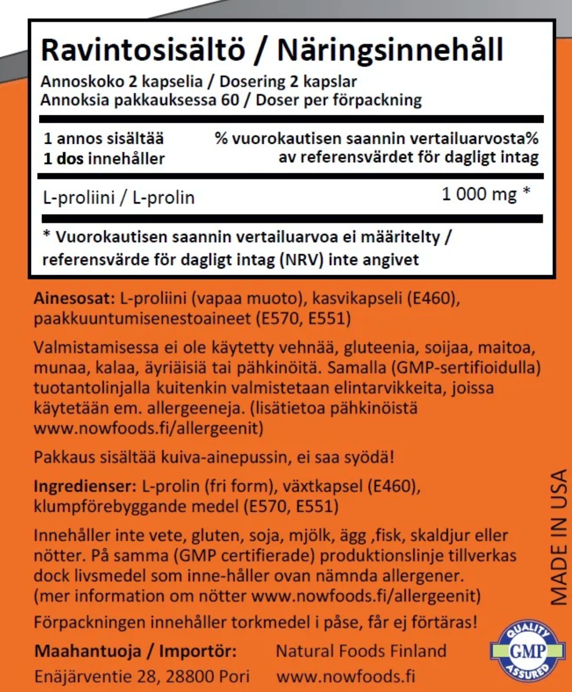 L-PROLIINI / VAPAA MUOTO / 500 mg / 120 vkaps.