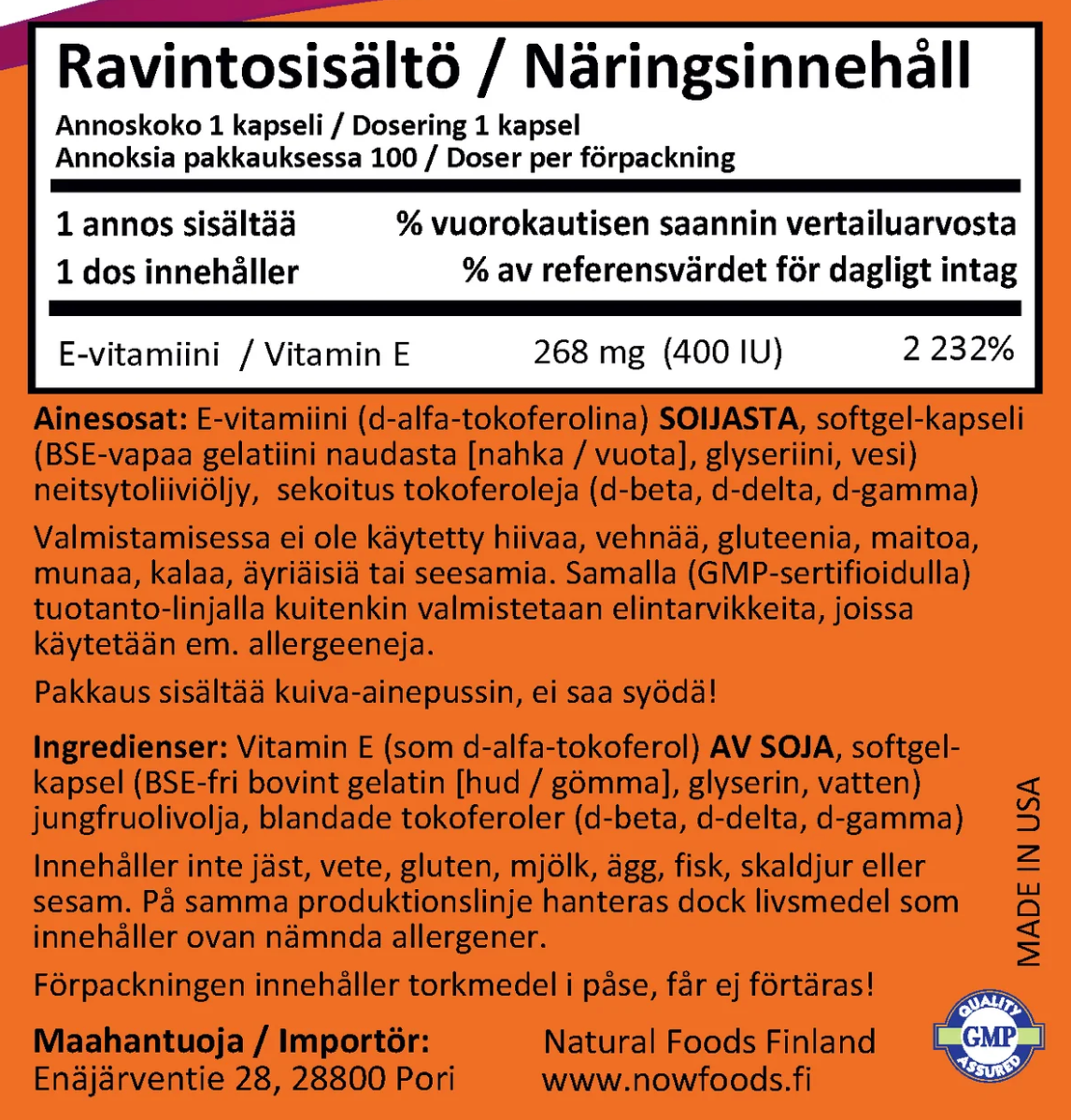 E-400 / E-VITAMIINI / 400 IU (268mg) / 100 pehmokapselia.