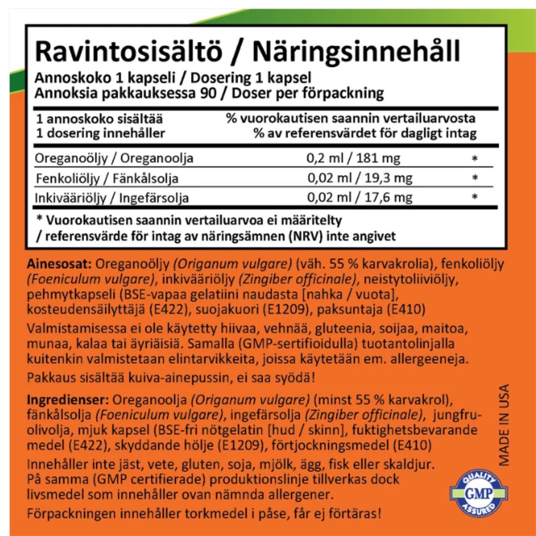 OREGANOÖLJY / ENTEROKAPSELI / 90 pehmokapselia