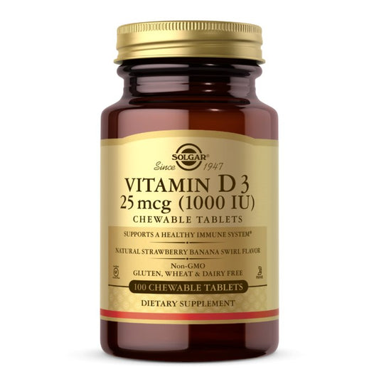 D3-VITAMIINI / 1000 IU / 25 mcg / MANSIKKA & BANAANI / 100 purutablettia
