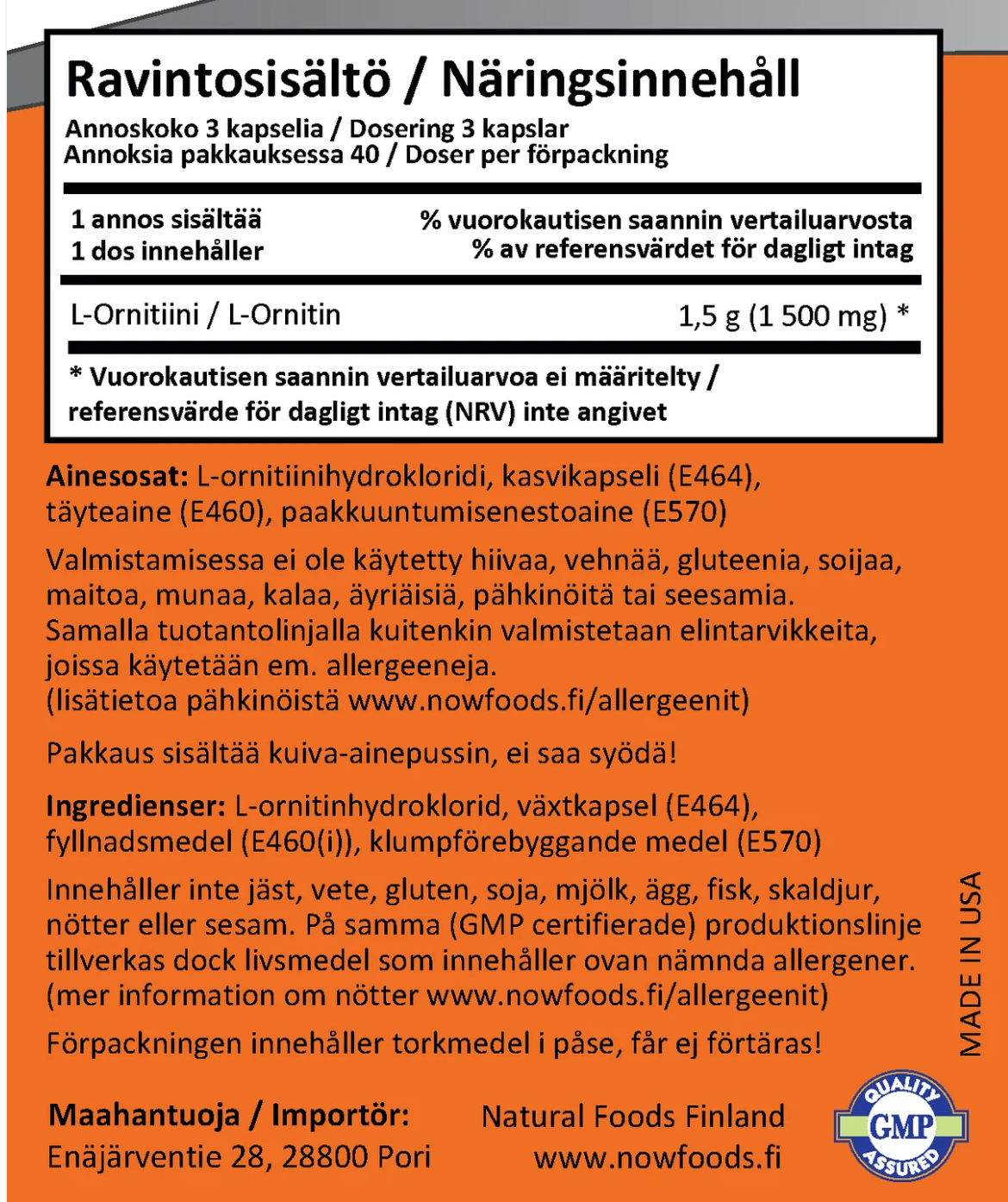 L-ORNITIINI / VAPAA MUOTO / 500 mg / 120 vkaps.