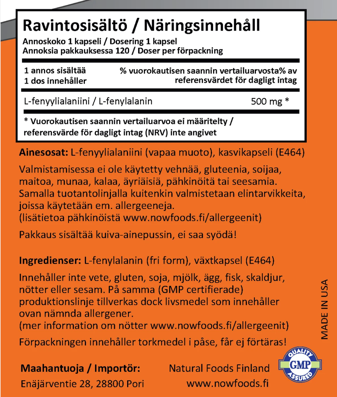 FENYYLIALANIINI / VAPAA MUOTO / 500 mg / 120 kaps.