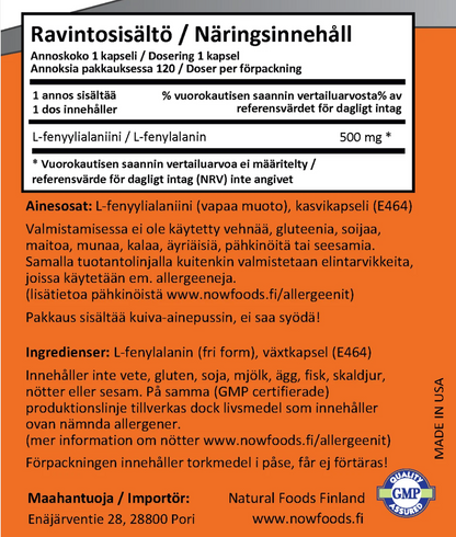 FENYYLIALANIINI / VAPAA MUOTO / 500 mg / 120 kaps.