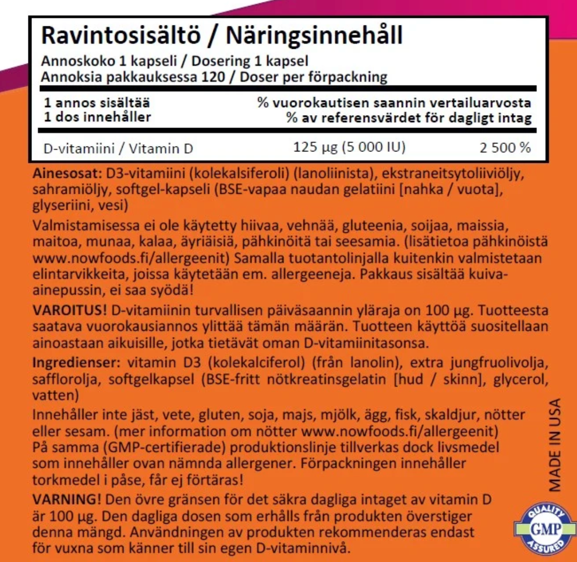 D3-VITAMIINI / 5000 IU / 125 mcg / 120 softgeliä