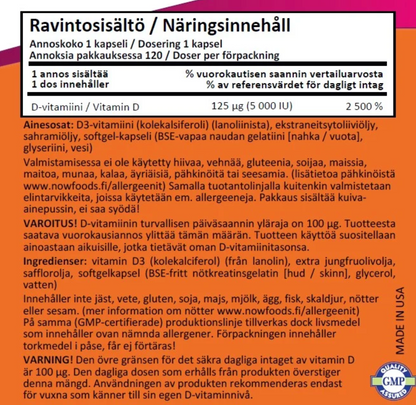 D3-VITAMIINI / 5000 IU / 125 mcg / 120 softgeliä