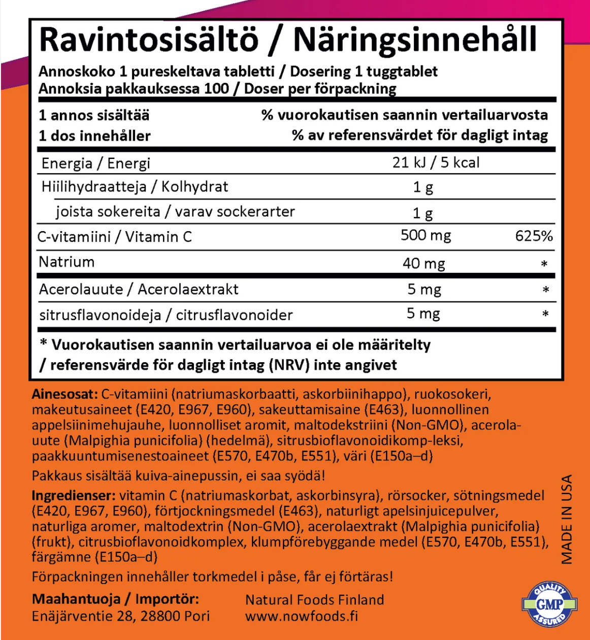 C-VITAMIINI PURUTABLETTI / 500 mg / APPELSIINI / 100 tabl.