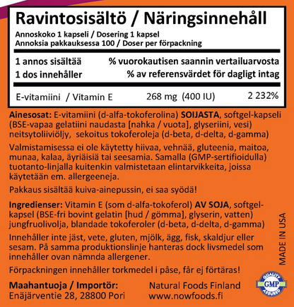 E-400 / E-VITAMIINI / 400 IU (268mg) / 100 pehmokapselia.
