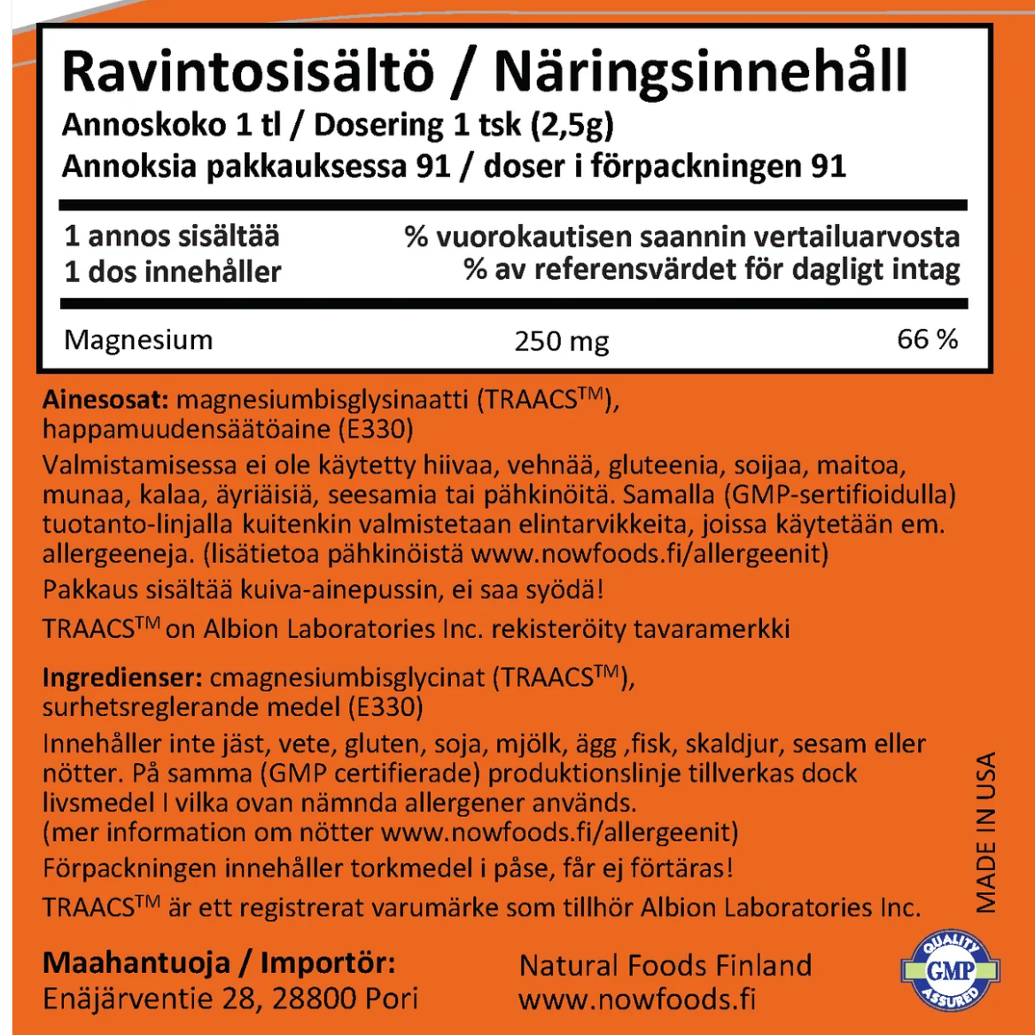 MAGNESIUMBISGLYSINAATTI / JAUHE / ALBION / 227 g