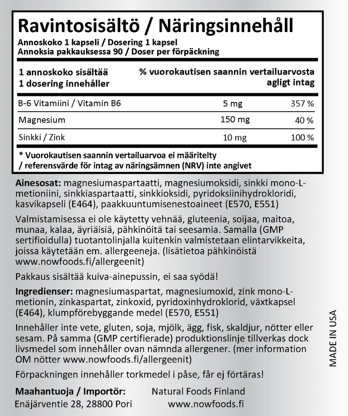 ZMA / SINKKI + MAGNESIUM + B6 / 800 mg / 90 kaps.