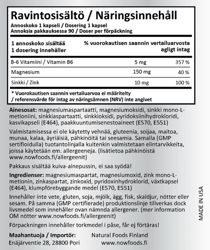 ZMA / SINKKI + MAGNESIUM + B6 / 800 mg / 90 kaps.