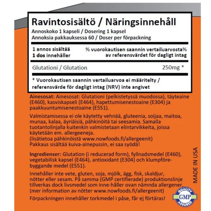 GLUTATIONI / PELKISTETTY MUOTO / 250 mg / 60 kaps.