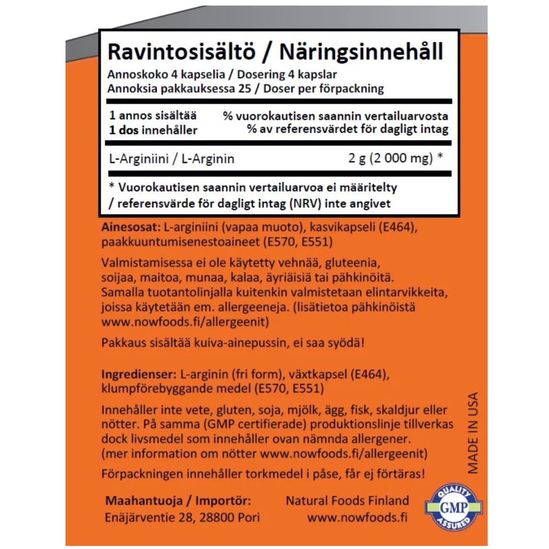 L-ARGINIINI / VAPAA MUOTO / 500 mg / 100 kaps.