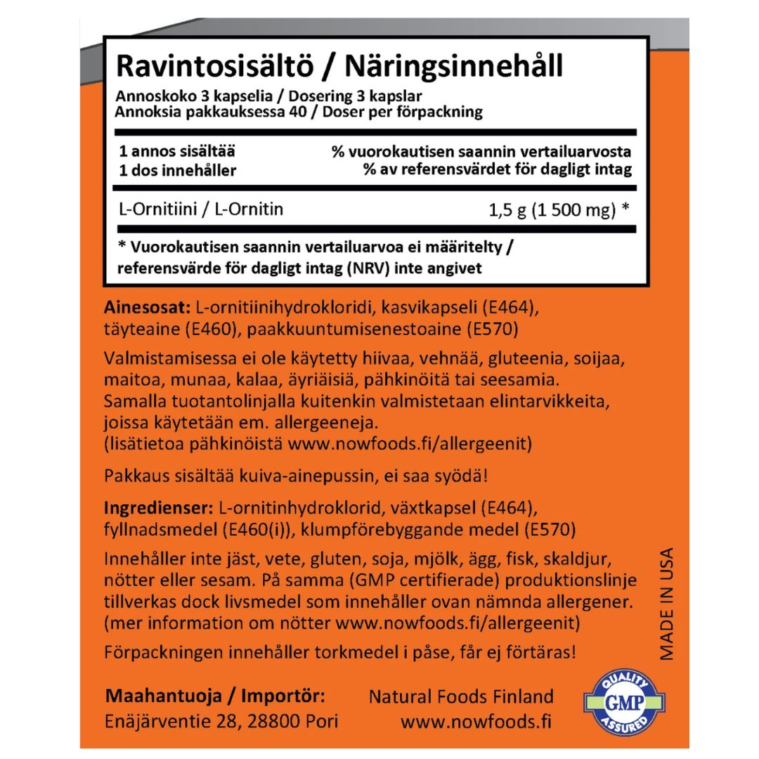 L-ORNITIINI / VAPAA MUOTO / 500 mg / 120 vkaps.