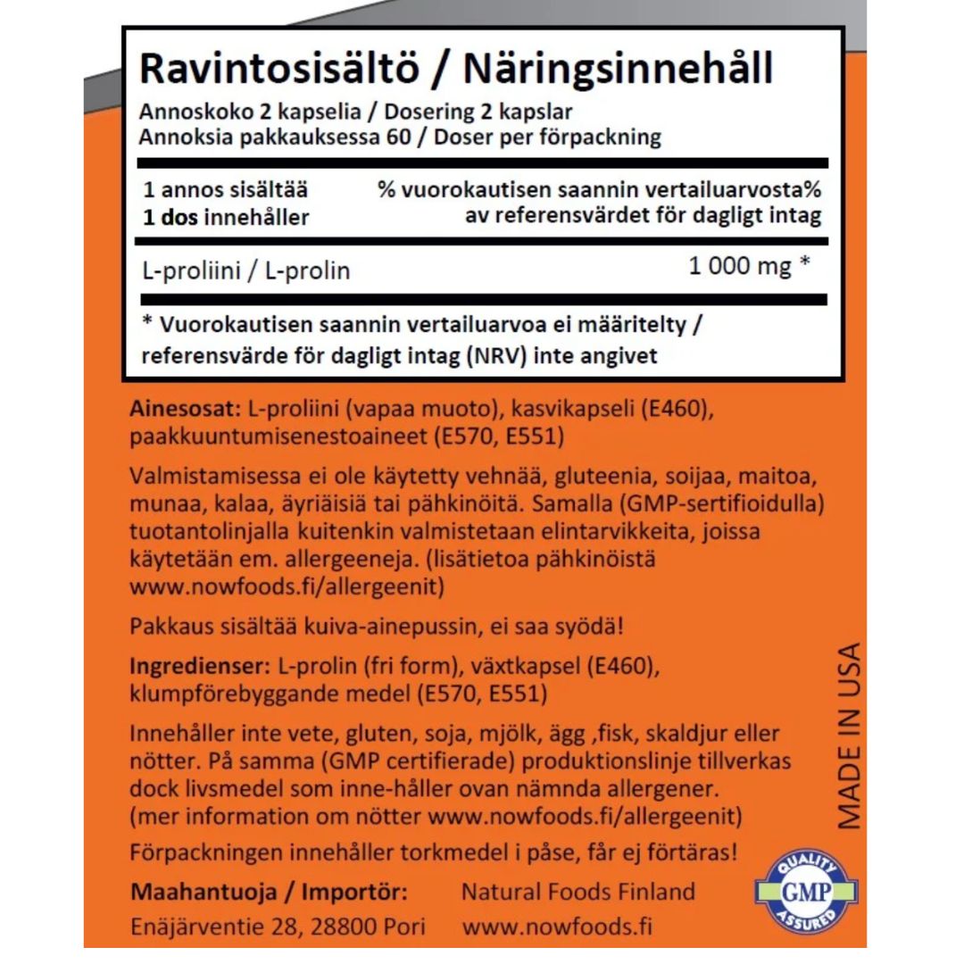 L-PROLIINI / VAPAA MUOTO / 500 mg / 120 vkaps.