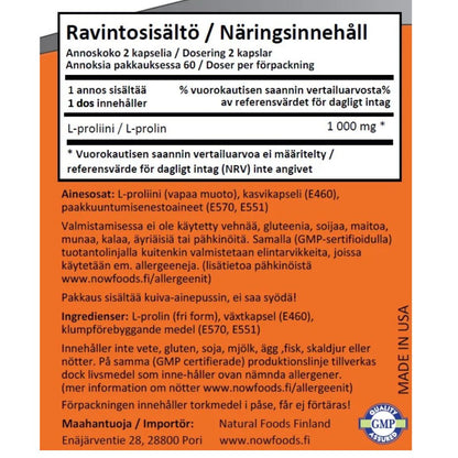 L-PROLIINI / VAPAA MUOTO / 500 mg / 120 vkaps.