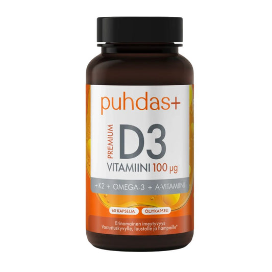 PREMIUM D3-VITAMIINI + K2 + OMEGA-3 + A-VITAMIINI / 100 mcg / 60 kaps.