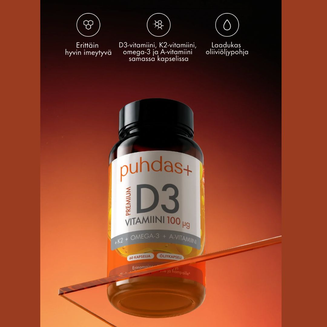 PREMIUM D3-VITAMIINI + K2 + OMEGA-3 + A-VITAMIINI / 100 mcg / 60 kaps.