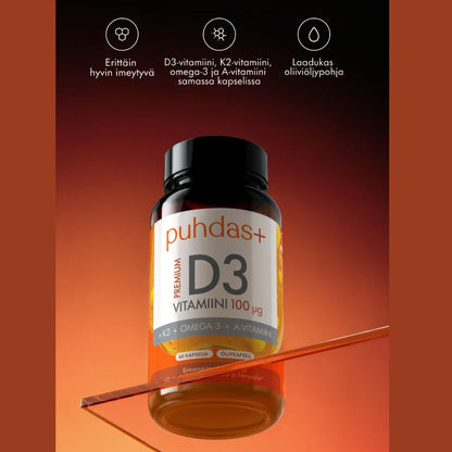 PREMIUM D3-VITAMIINI + K2 + OMEGA-3 + A-VITAMIINI / 100 mcg / 60 kaps.
