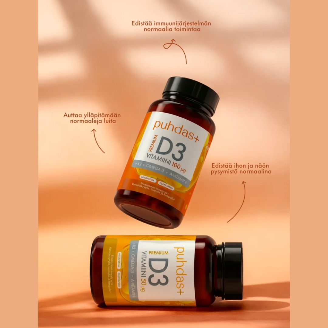 PREMIUM D3-VITAMIINI + K2 + OMEGA-3 + A-VITAMIINI / 100 mcg / 60 kaps.